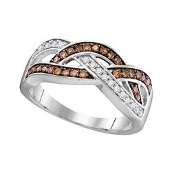 1/3 CTW Womens Round Brown Diamond Crossover Band Ring 10kt White Gold - REF-29W4H
