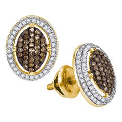 1/2 CTW Womens Round Brown Diamond Oval Cluster Earrings 10kt Yellow Gold - REF-32W7H