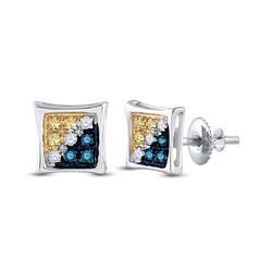 1/20 CTW Mens Round Blue Yellow Color Enhanced Diamond Square Kite Earrings 10kt White Gold - REF-8F