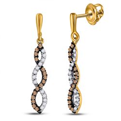 1/5 CTW Womens Round Brown Diamond Twist Dangle Earrings 10kt Yellow Gold - REF-13X5T