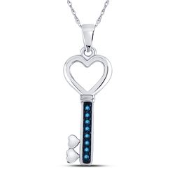 1/20 CTW Womens Round Blue Color Enhanced Diamond Key Pendant 10kt White Gold - REF-9X5T