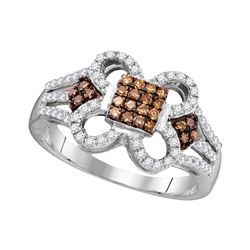 1/2 CTW Womens Round Brown Diamond Quatrefoil Square Cluster Ring 10kt White Gold - REF-33H5R