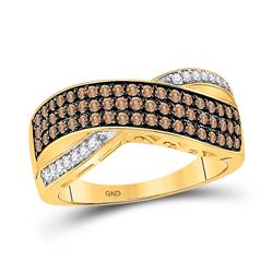 3/4 CTW Womens Round Brown Diamond Crossover Band Ring 10kt Yellow Gold - REF-29H4R