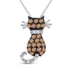 1/3 CTW Womens Round Brown Diamond Kitty Cat Animal Pendant 10kt White Gold - REF-16R4X