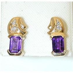 2014 14K Gold Post Earrings w/ Amethyst/ Diamonds