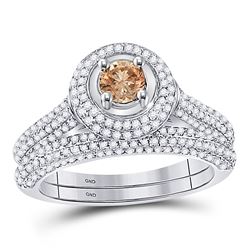 1 & 1/4 CTW Womens Round Brown Diamond Bridal Wedding Ring 14kt White Gold - REF-81X7T