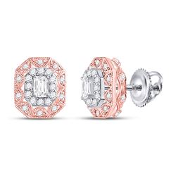 1/2 CTW Womens Emerald Diamond Fashion Halo Earrings 14kt Two-tone Gold - REF-54Y5N