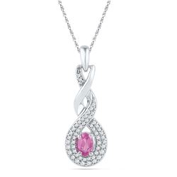 3/8 CTW Womens Oval Lab-Created Pink Sapphire Solitaire Pendant 10kt White Gold - REF-15H2R