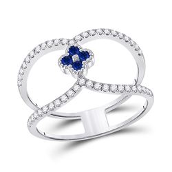 3/8 CTW Womens Round Blue Sapphire Clover Fashion Ring 14kt White Gold - REF-37T5V