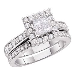 1 & 1/2 CTW Princess Diamond Halo Bridal Wedding Ring 14kt White Gold - REF-180H7R