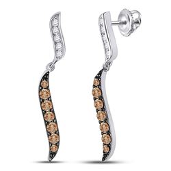 1/2 CTW Womens Round Brown Diamond Dangle Earrings 10kt White Gold - REF-29M9F