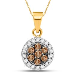 3/8 CTW Womens Round Brown Diamond Framed Flower Cluster Pendant 10kt Yellow Gold - REF-20R5X