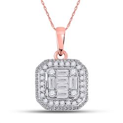 1/4 CTW Womens Baguette Diamond Cushion Cluster Pendant 14kt Rose Gold - REF-32N6A