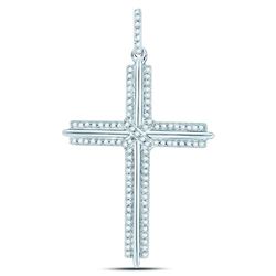 1/4 CTW Mens Round Diamond Roman Cross Charm Pendant 10kt White Gold - REF-24V5Y
