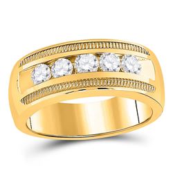 1 CTW Mens Round Diamond Single Row Textured Wedding Band Ring 14kt Yellow Gold - REF-204H5R