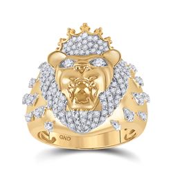 7/8 CTW Mens Round Diamond Lion Head Crown Animal Ring 10kt Yellow Gold - REF-115M8F