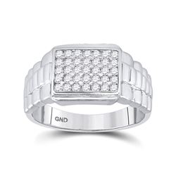 1/2 CTW Mens Round Diamond Rectangle Cluster Ribbed Ring 10kt White Gold - REF-42N8A