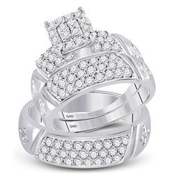 1 & 5/8 CTW His Hers Round Diamond Cluster Matching Wedding Set 14kt White Gold - REF-136A4M