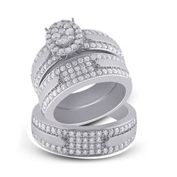 1 & 7/8 CTW His Hers Round Diamond Cluster Matching Wedding Set 14kt White Gold - REF-245H4R