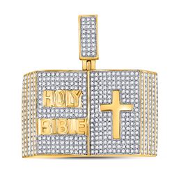 1 & 1/2 CTW Mens Round Diamond Bible Cross Charm Pendant 10kt Yellow Gold - REF-122F6W