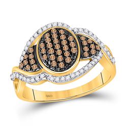 1/2 CTW Womens Round Brown Diamond Oval Frame Cluster Ring 10kt Yellow Gold - REF-34M8F