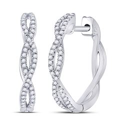 1/5 CTW Womens Round Diamond Twist Hoop Earrings 10kt White Gold - REF-24F5W