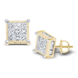 1/4 CTW Womens Princess Diamond Cluster Stud Earrings 14kt Yellow Gold - REF-25N9A