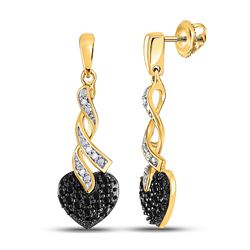 1/5 CTW Womens Round Black Color Enhanced Diamond Heart Earrings 10kt Yellow Gold - REF-20R5X