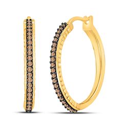 1/2 CTW Womens Round Brown Diamond Single Row Hoop Earrings 10kt Yellow Gold - REF-40T8V