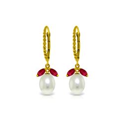 Genuine 9 ctw Ruby & Pearl Earrings 14KT Yellow Gold - REF-41P4H