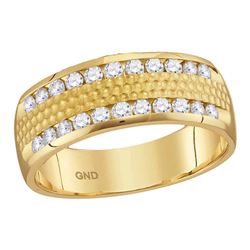 1/2 CTW Mens Round Diamond Double Row Hammered Wedding Band Ring 14kt Yellow Gold - REF-68V2Y