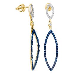 1/8 CTW Womens Round Blue Color Enhanced Diamond Dangle Earrings 10kt Yellow Gold - REF-17H6R