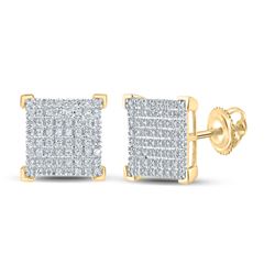 1/3 CTW Mens Round Diamond Square Earrings 10kt Yellow Gold - REF-29F9W
