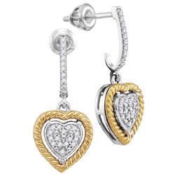 1/8 CTW Womens Round Diamond Rope Heart Dangle Earrings 10kt Two-tone Gold - REF-21A8M