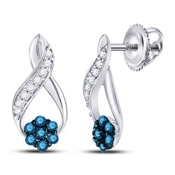 1/5 CTW Womens Round Blue Color Enhanced Diamond Cluster Earrings 10kt White Gold - REF-13T5V