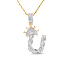 5/8 CTW Mens Baguette Diamond Crown U Letter Charm Pendant 10kt Yellow Gold - REF-35F4W