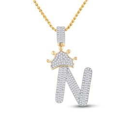 3/4 CTW Mens Baguette Diamond Crown N Letter Charm Pendant 10kt Yellow Gold - REF-40T8V