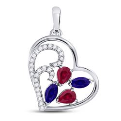 1 CTW Womens Pear Ruby Blue Sapphire Diamond Heart Pendant 10kt White Gold - REF-29R9X