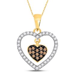 1/3 CTW Womens Round Brown Diamond Nested Dangle Heart Pendant 10kt Yellow Gold - REF-15T2V