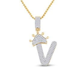 5/8 CTW Mens Baguette Diamond Crown V Letter Charm Pendant 10kt Yellow Gold - REF-34X3T
