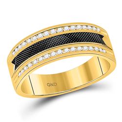 1/4 CTW Mens Round Diamond Double Row Black Textured Wedding Band Ring 14kt Yellow Gold - REF-49V3Y