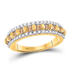 1/2 CTW Womens Round Brown Diamond Triple Row Band Ring 10kt Yellow Gold - REF-25V3Y