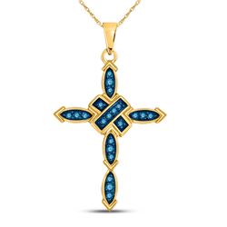 1/5 CTW Womens Round Blue Color Enhanced Diamond Cross Pendant 10kt Yellow Gold - REF-15F2W