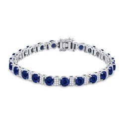 15 & 1/4 CTW Womens Round Blue Sapphire Diamond Tennis Bracelet 14kt White Gold - REF-374M9F