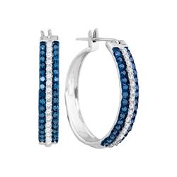 1 CTW Womens Round Blue Color Enhanced Diamond Hoop Earrings 10kt White Gold - REF-45M2F