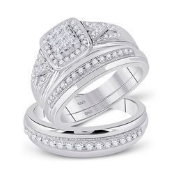 3/4 CTW His Hers Round Diamond Square Matching Wedding Set 10kt White Gold - REF-112F5W