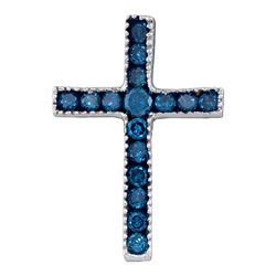 1/6 CTW Womens Round Blue Color Enhanced Diamond Small Cross Pendant 10kt White Gold - REF-8R3X