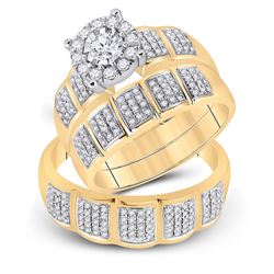 7/8 CTW His Hers Round Diamond Halo Matching Wedding Set 10kt Yellow Gold - REF-99H2R