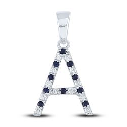 1/5 CTW Womens Round Blue Sapphire Diamond Initial A Letter Pendant 10kt White Gold - REF-17H3R