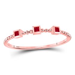 1/20 CTW Womens Princess Ruby 3-Stone Beaded Stackable Band Ring 10kt Rose Gold - REF-7A5M